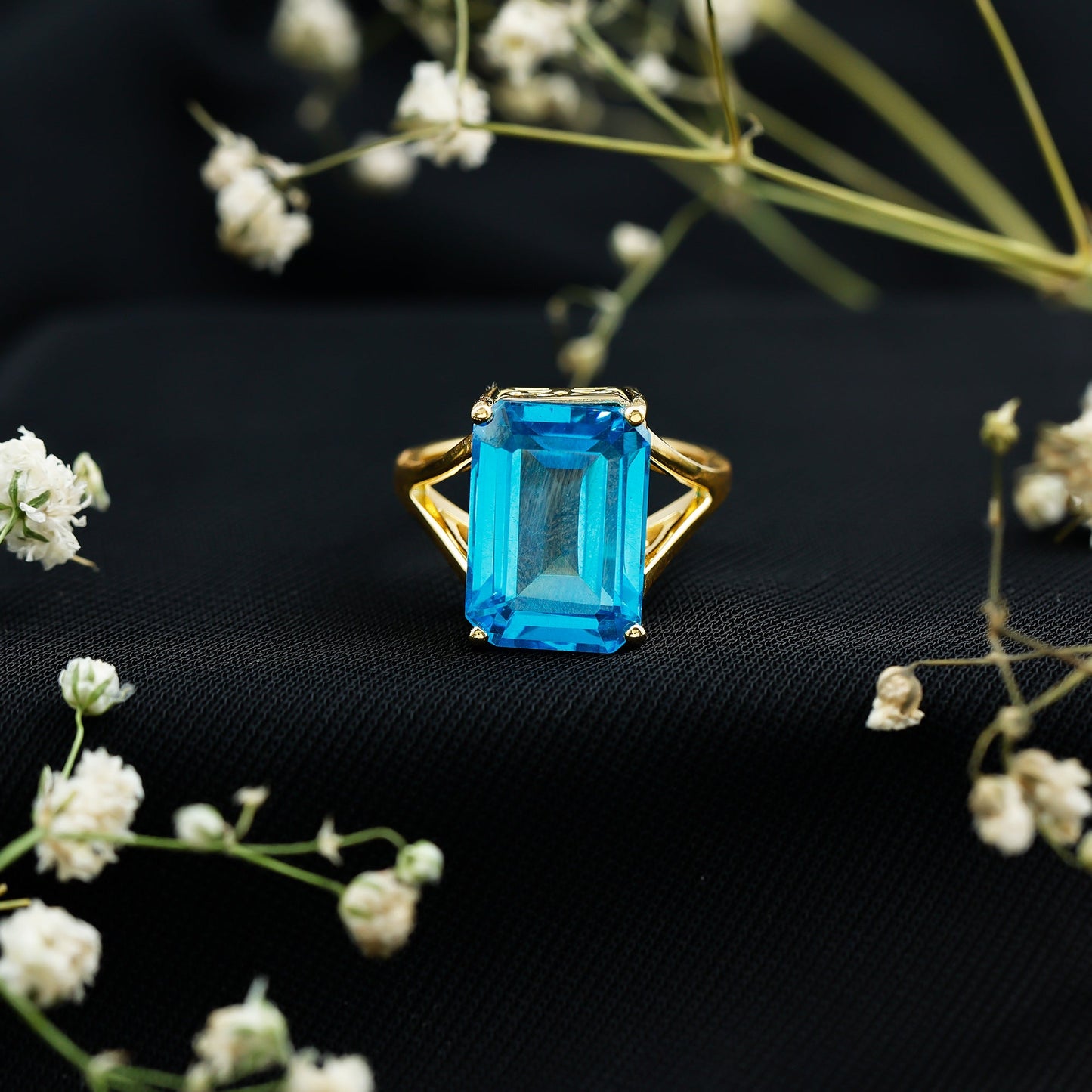 Aquamarine Emerald Cut Engagement Ring in Yellow Gold Plated Silver