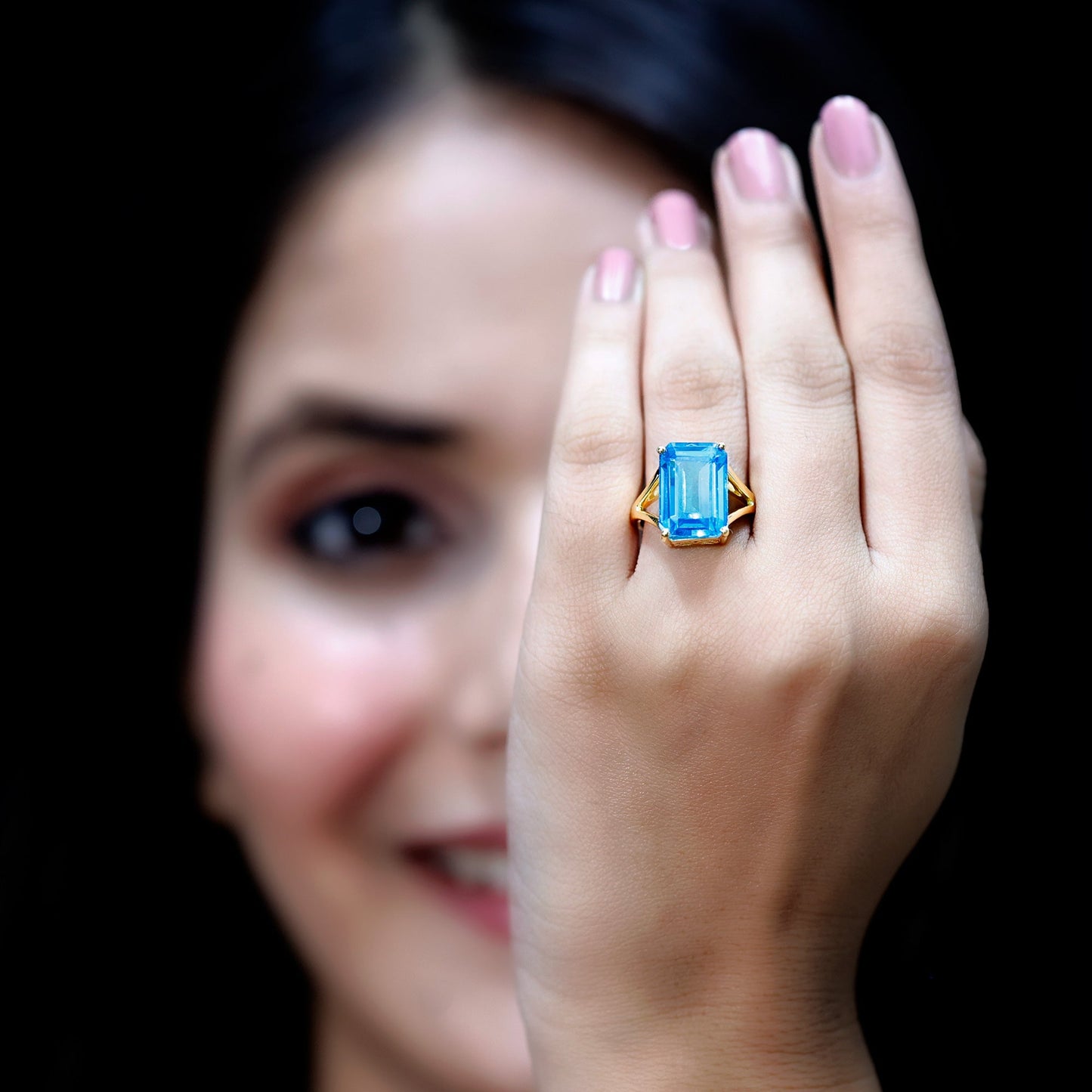 Aquamarine Emerald Cut Engagement Ring in Yellow Gold Plated Silver