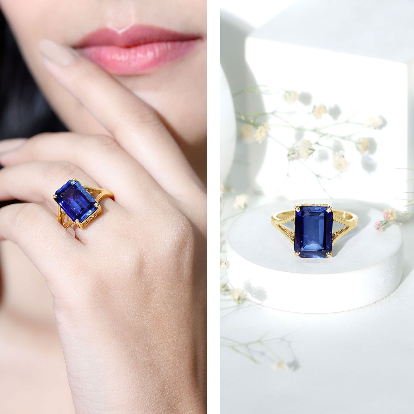 Emerald Cut 10X14MM Lab Created Blue Sapphire Engagement Ring for Women