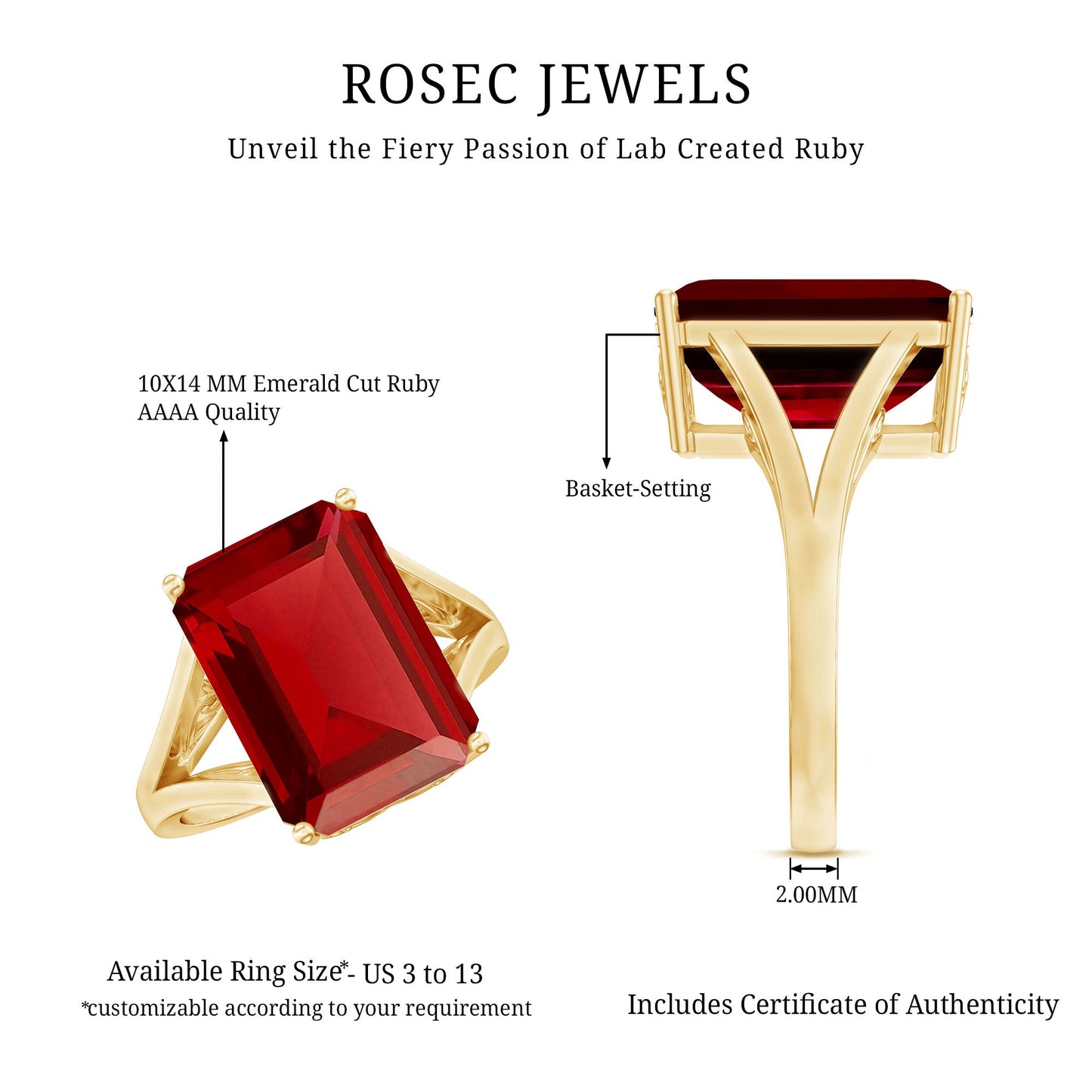 Certified Emerald Cut Lab Grown Ruby Engagement Ring with Split Shank