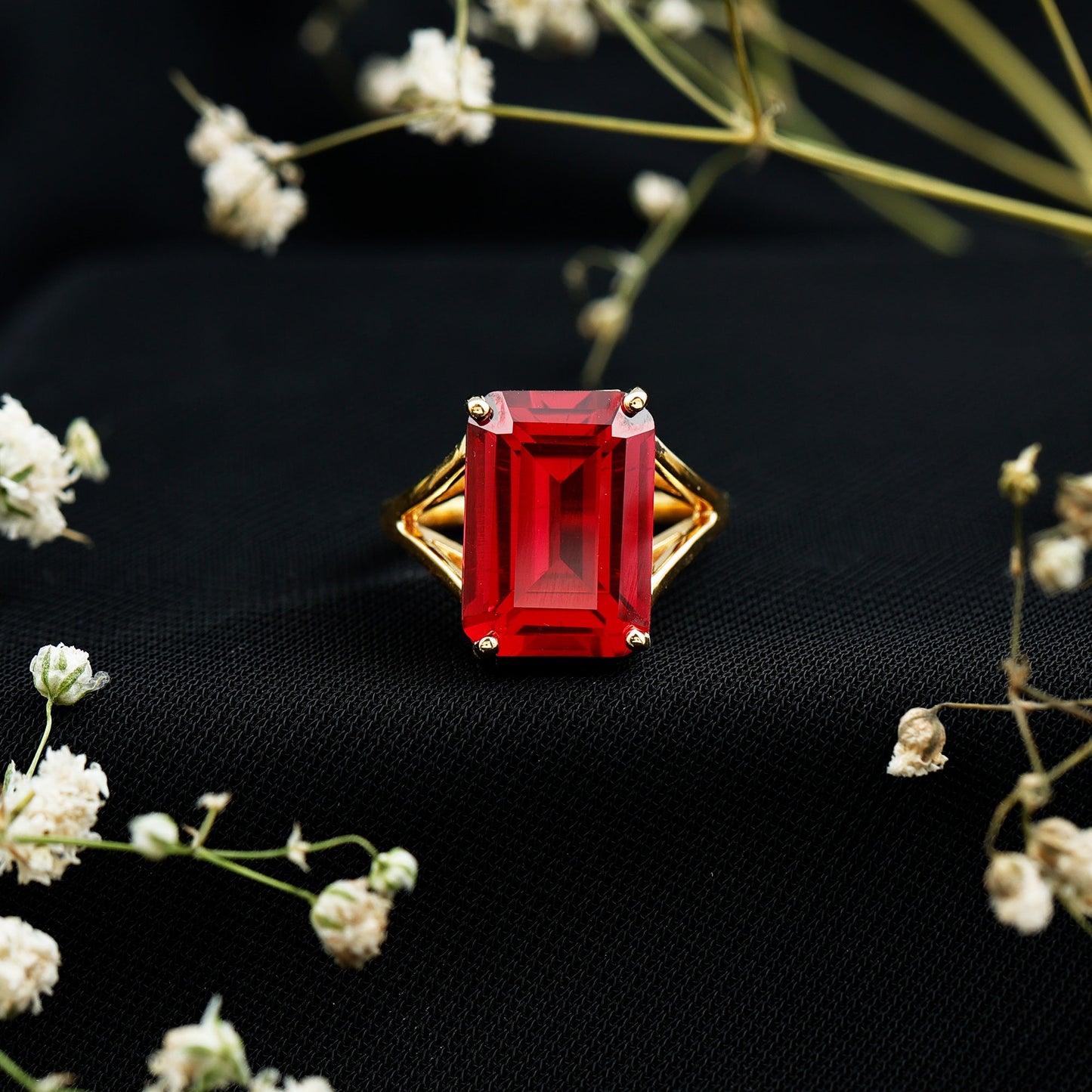 Certified Emerald Cut Lab Grown Ruby Engagement Ring with Split Shank