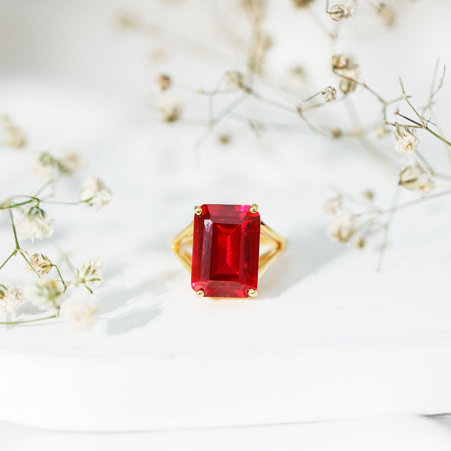 Certified Emerald Cut Lab Grown Ruby Engagement Ring with Split Shank