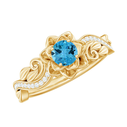 Natural Swiss Blue Topaz Flower Engagement Ring in Gold Plated Silver