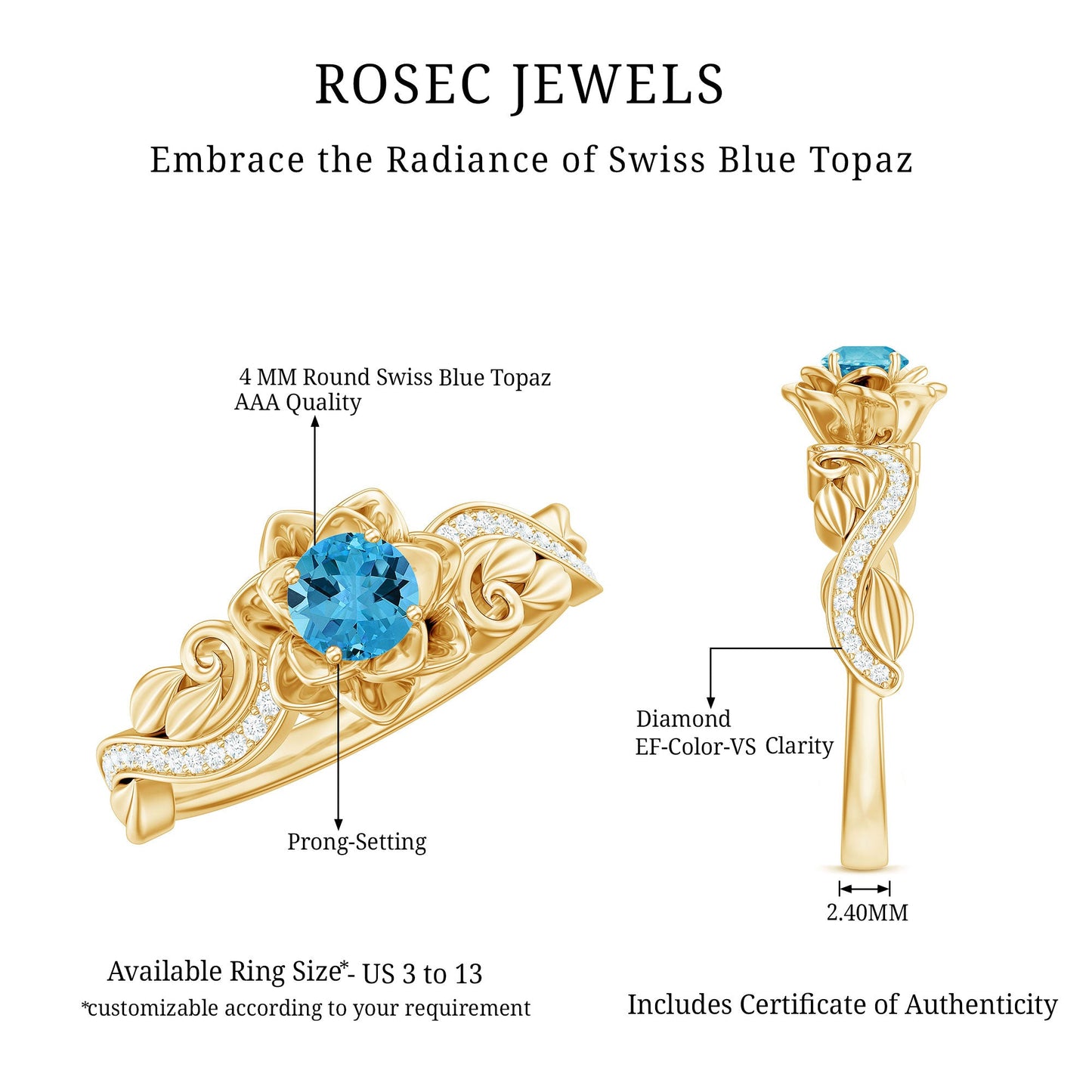 Natural Swiss Blue Topaz Flower Engagement Ring in Gold Plated Silver