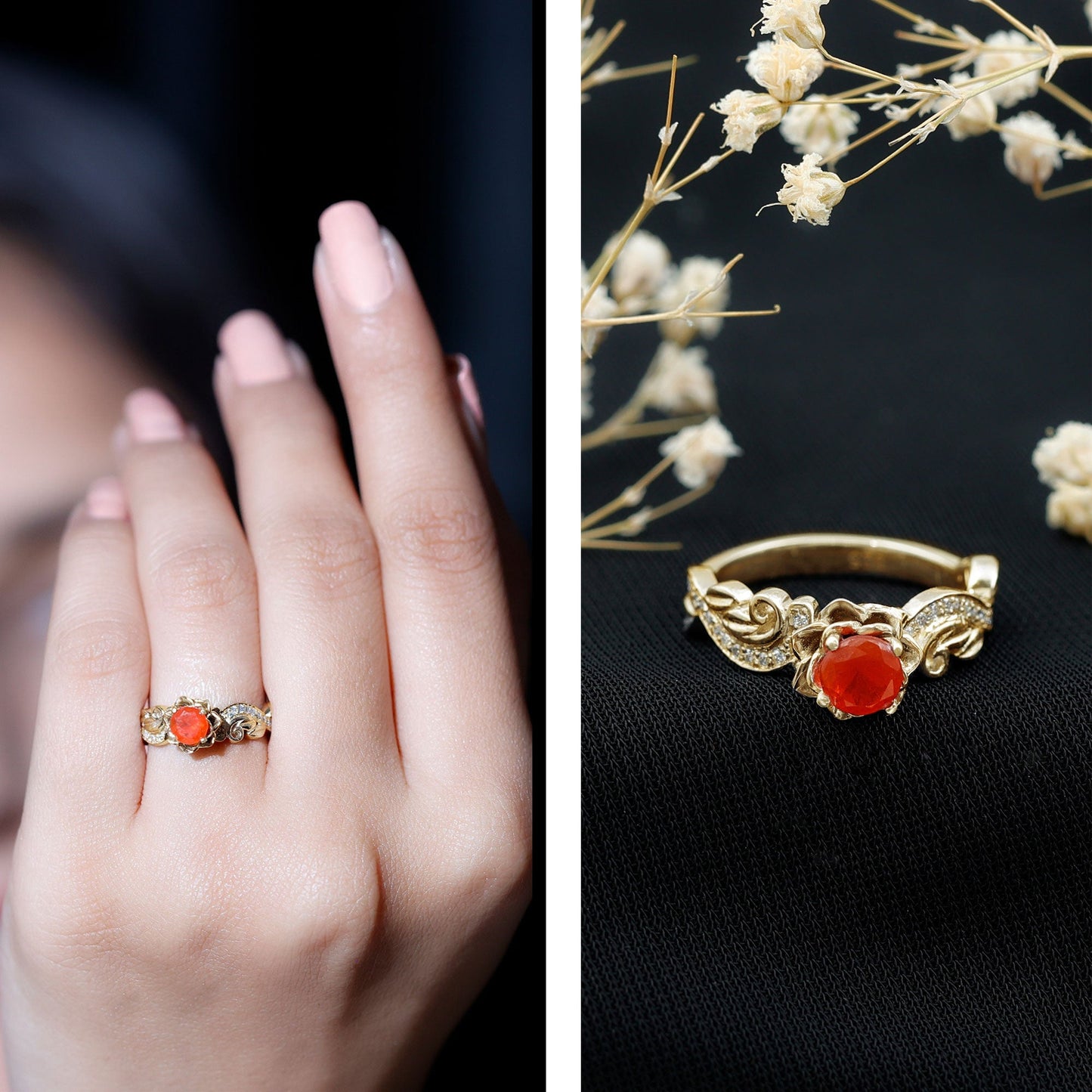 Certified Fire Opal and Diamond Rose Flower Engagement Ring