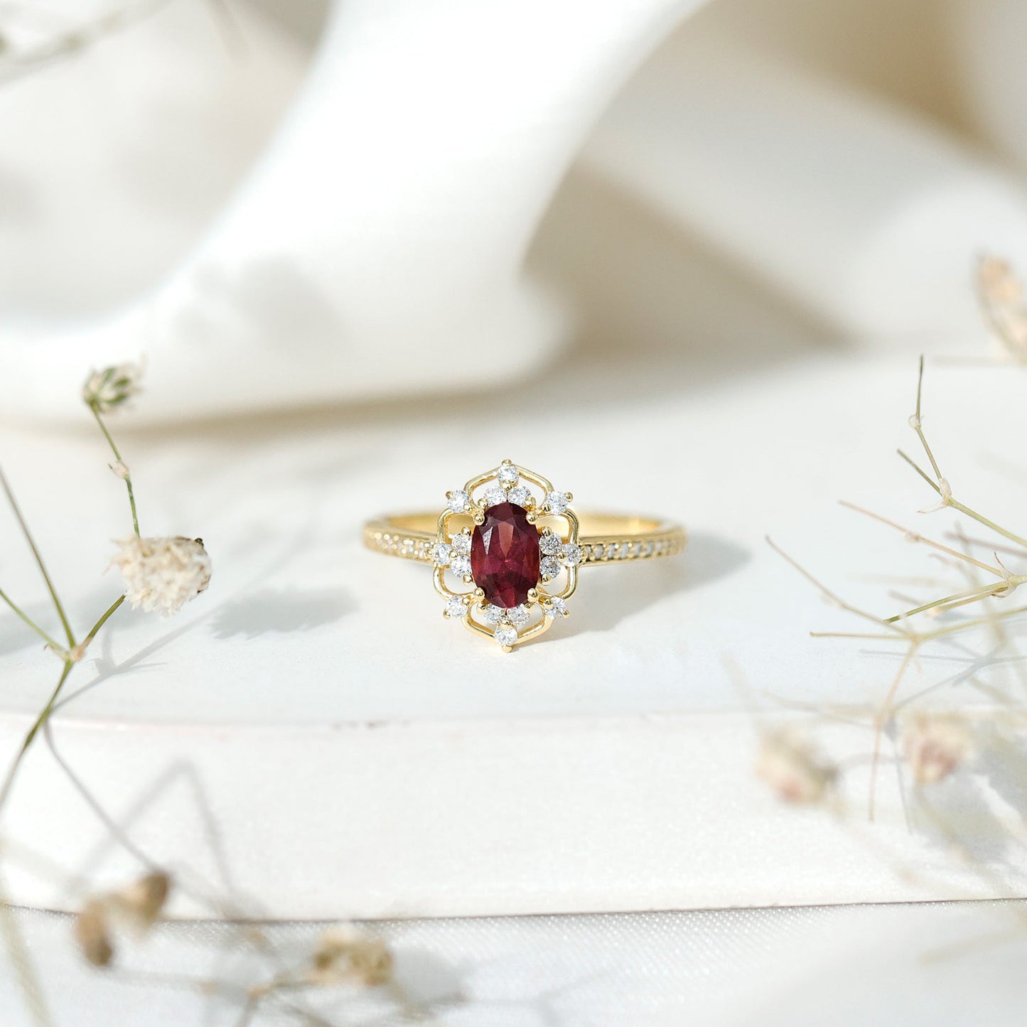 Vintage Engagement Ring with Rhodolite Garnet and Diamond