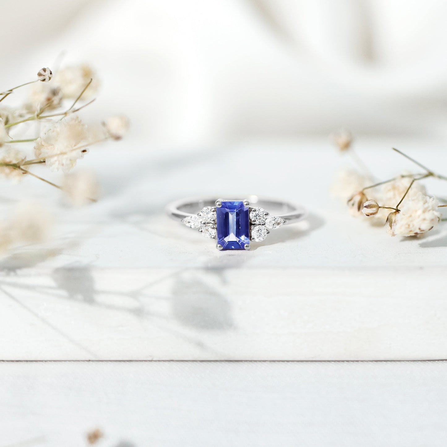 Emerald Cut Tanzanite and Diamond Promise Ring in Silver