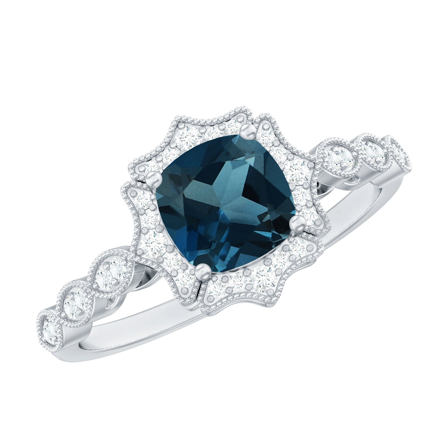 London Blue Topaz Antique Looking Engagement Ring with Moissanite Halo