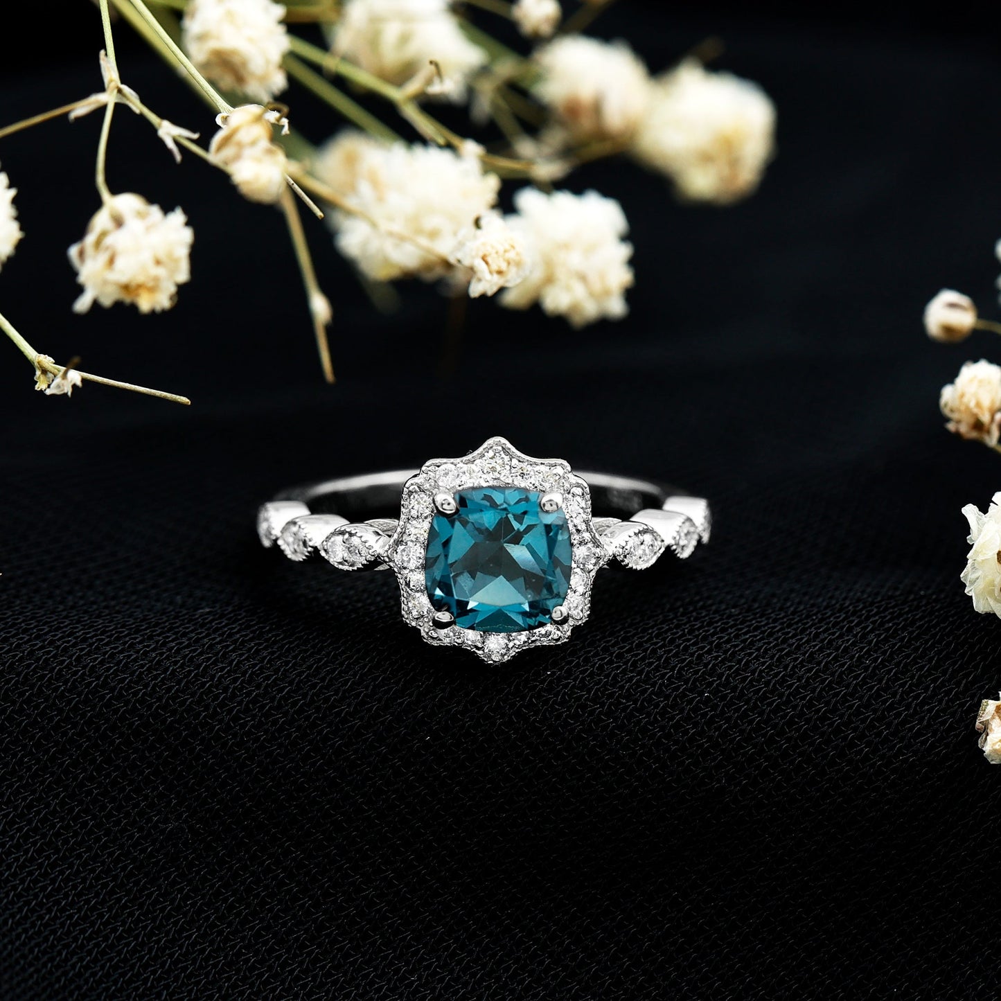 London Blue Topaz Antique Looking Engagement Ring with Moissanite Halo