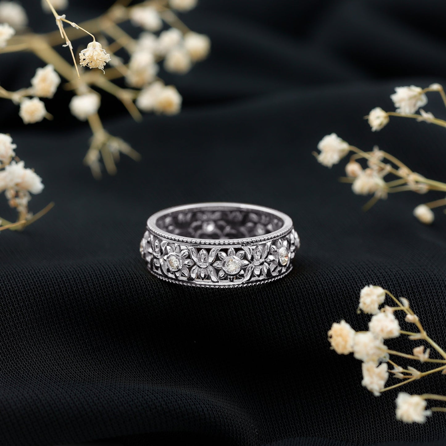 Floral Inspired Lab Grown Diamond Filigree Wedding Band