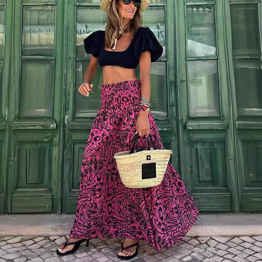 Summer Floral Maxi Skirt with Elastic Waist