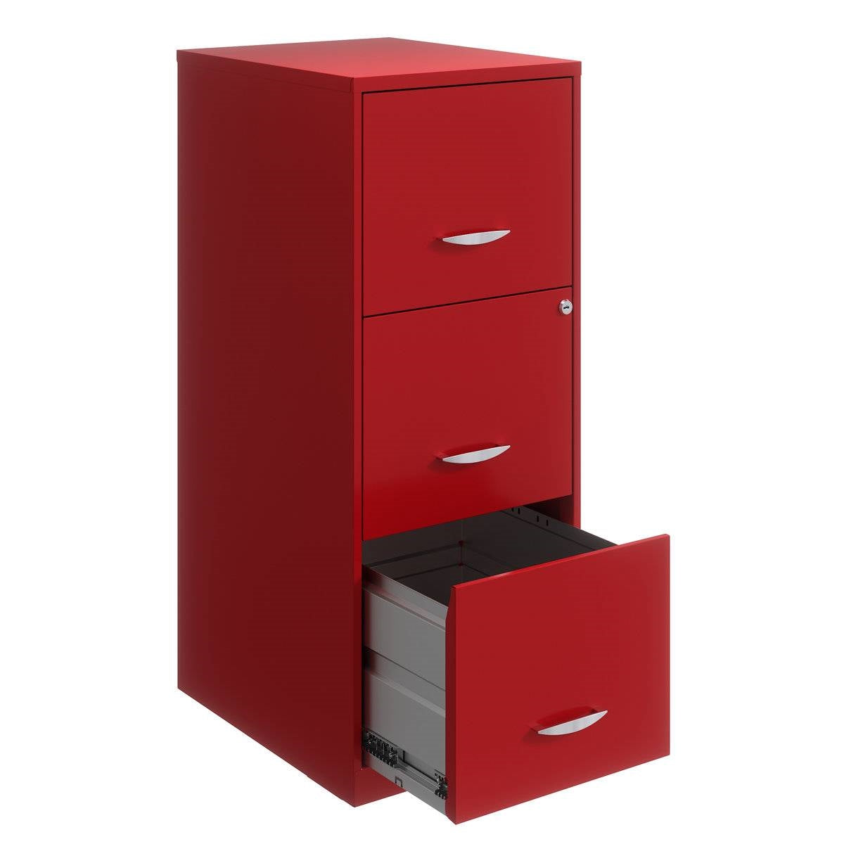 Archivador vertical metálico rojo de 3 cajones con cerradura de seguridad