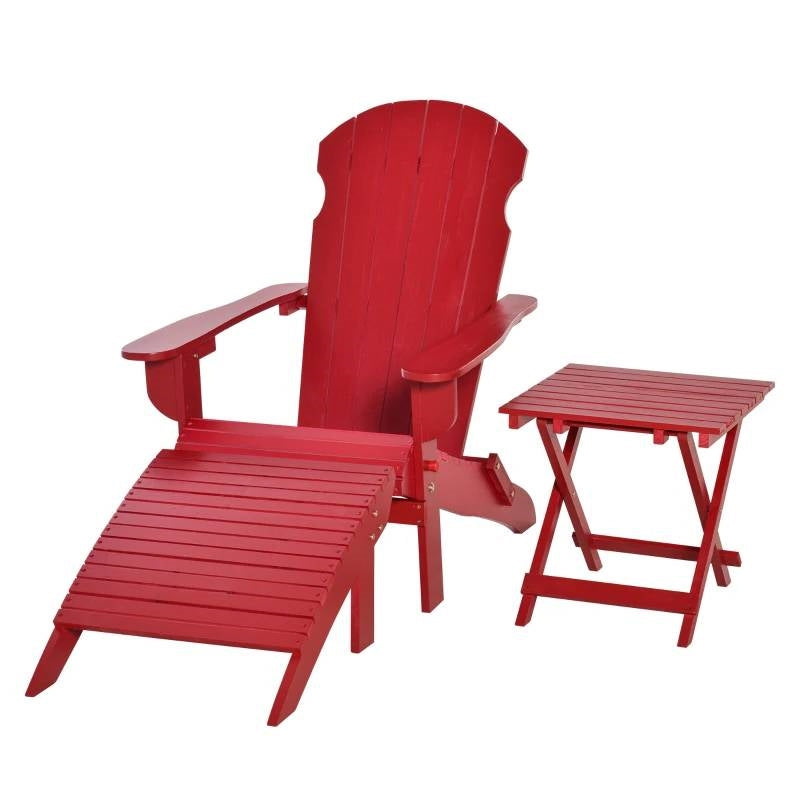 Conjunto de 3 piezas de silla Adirondack plegable de respaldo alto, otomana y mesa auxiliar en color rojo