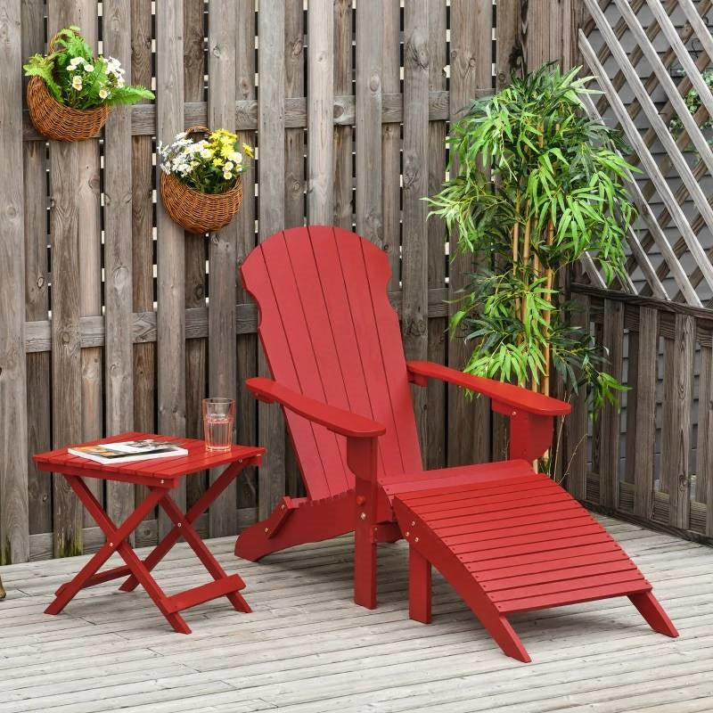 Conjunto de 3 piezas de silla Adirondack plegable de respaldo alto, otomana y mesa auxiliar en color rojo