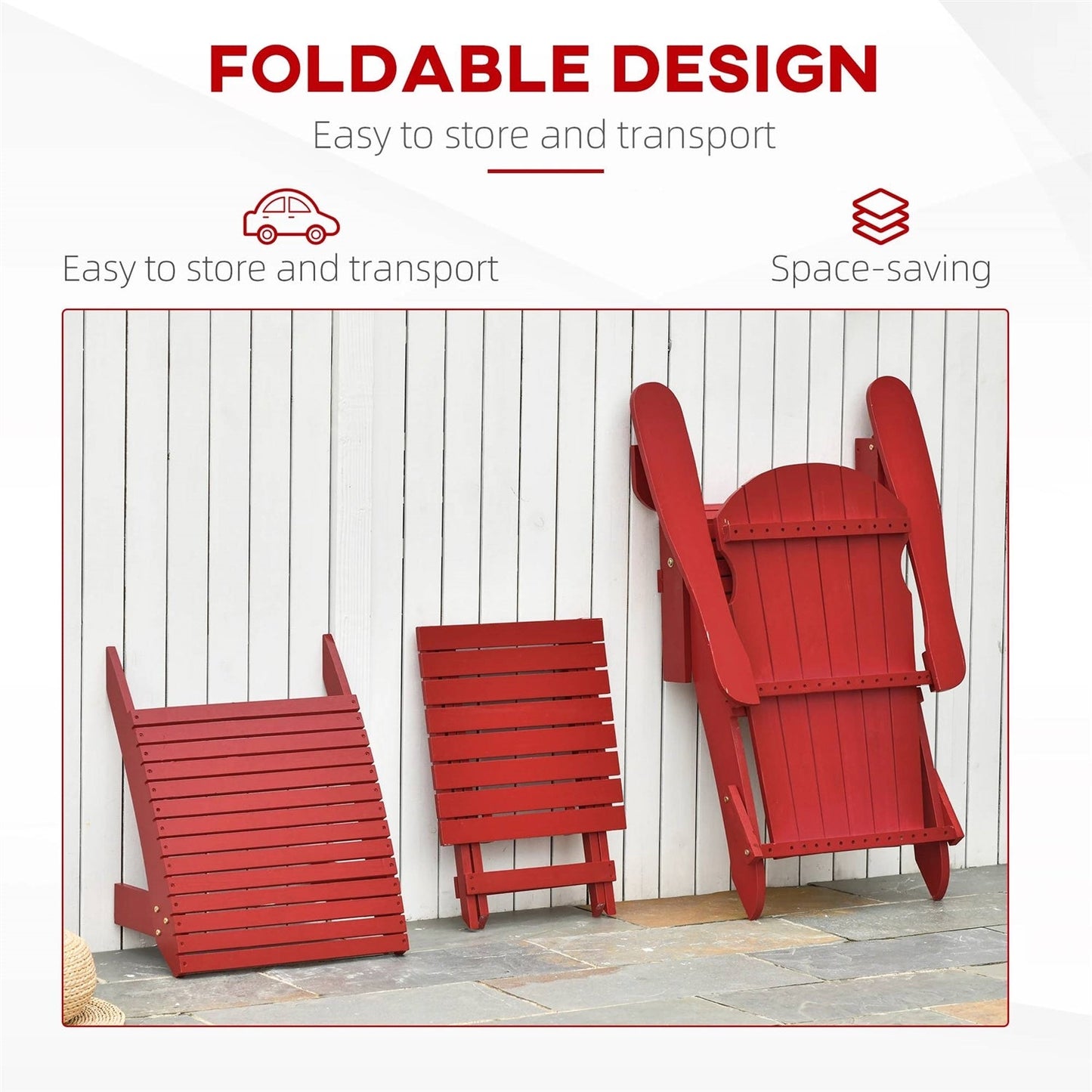 Conjunto de 3 piezas de silla Adirondack plegable de respaldo alto, otomana y mesa auxiliar en color rojo