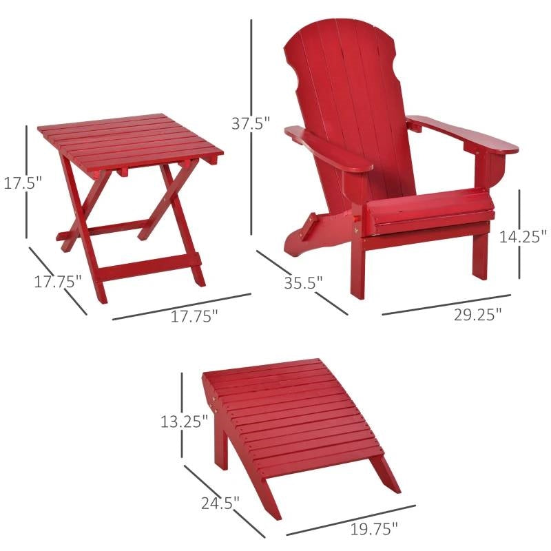 Conjunto de 3 piezas de silla Adirondack plegable de respaldo alto, otomana y mesa auxiliar en color rojo
