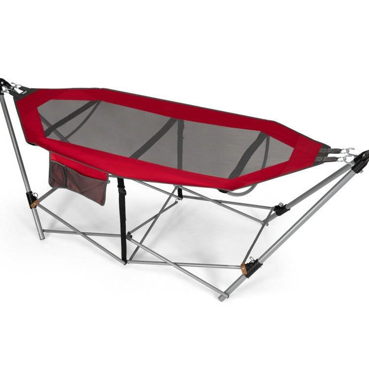 Hamaca plegable portátil de camping roja con soporte y funda de transporte