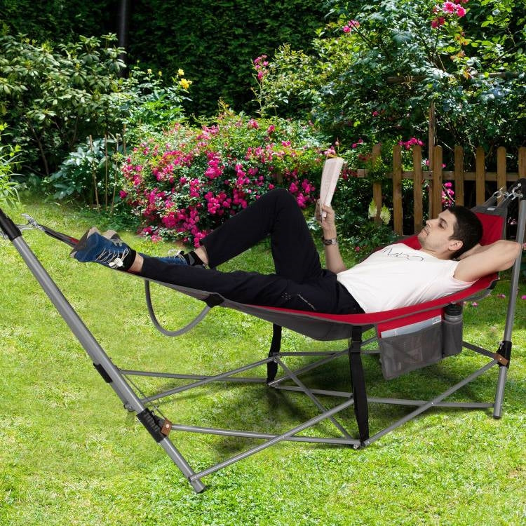 Hamaca plegable portátil de camping roja con soporte y funda de transporte