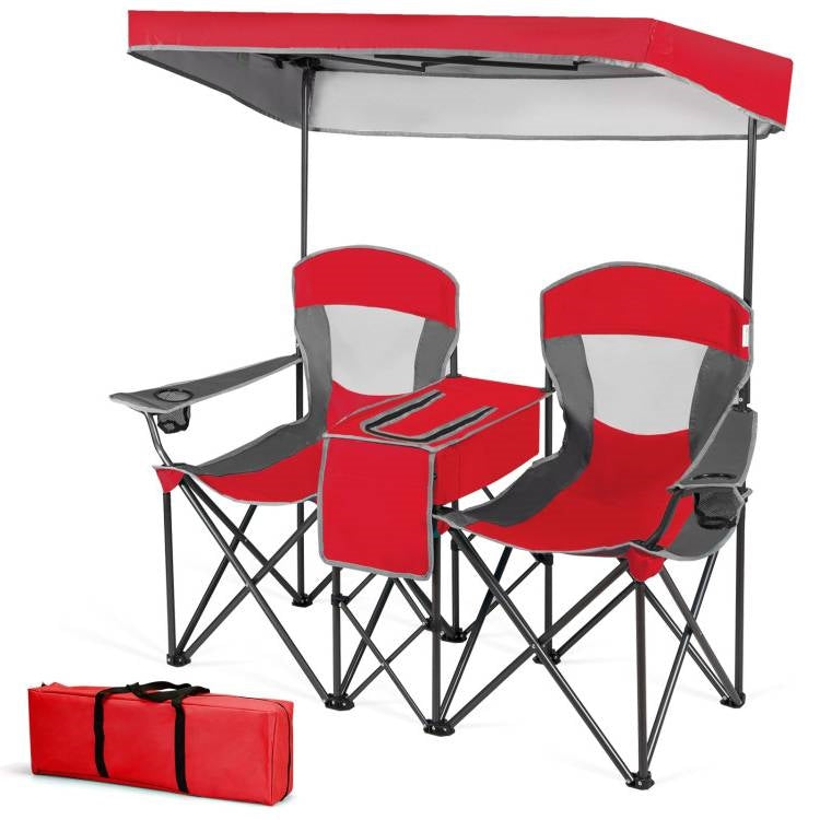 Juego de 2 sillas plegables rojas para camping con dosel, portavasos y bolsillo de almacenamiento