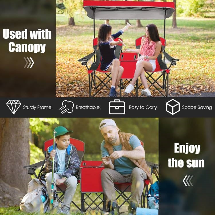 Juego de 2 sillas plegables rojas para camping con dosel, portavasos y bolsillo de almacenamiento