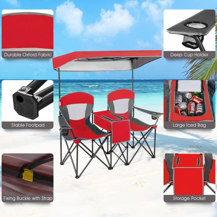 Juego de 2 sillas plegables rojas para camping con dosel, portavasos y bolsillo de almacenamiento