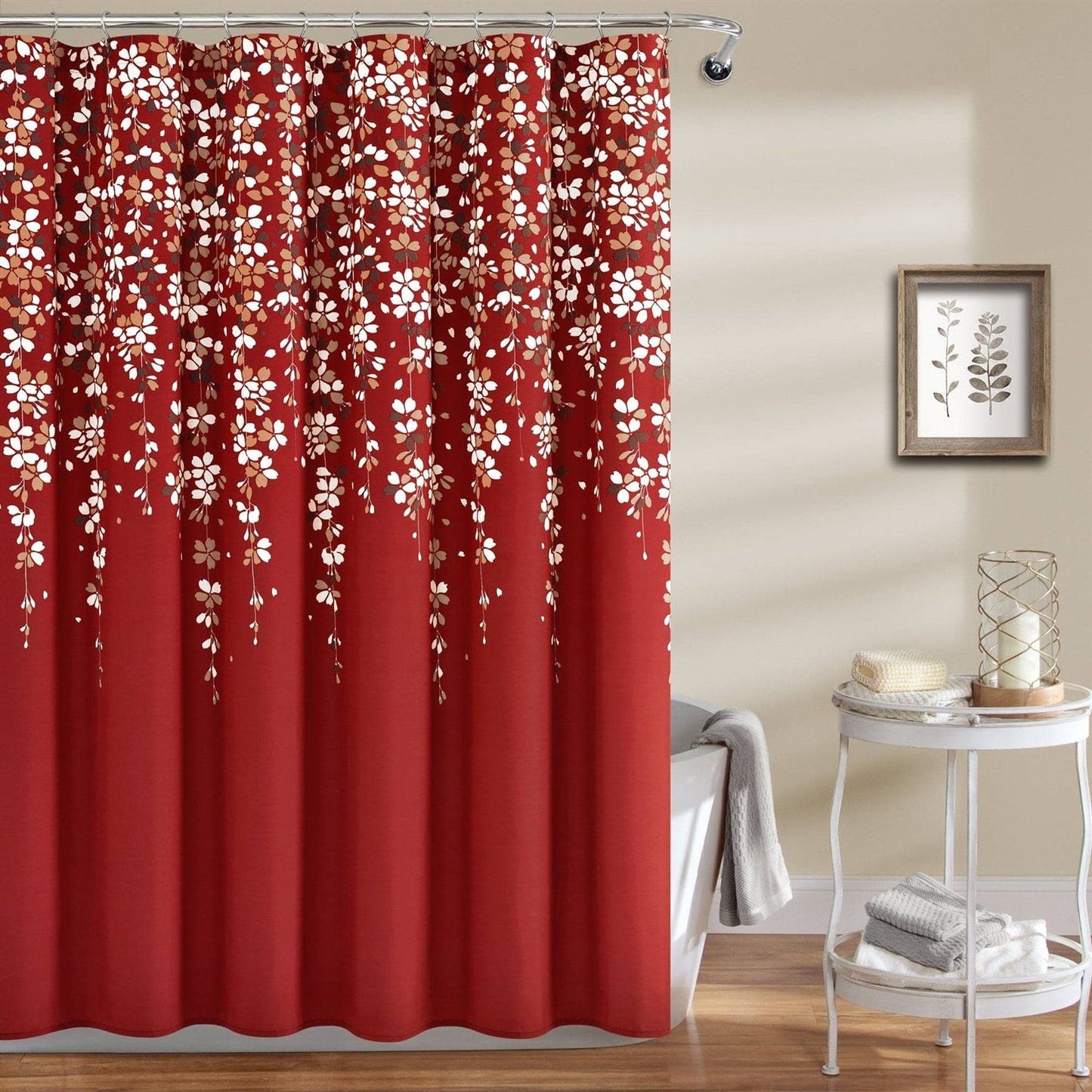 Cortina de Ducha Floral de 72 Pulgadas con Guirnaldas de Flores Rojas y Blancas