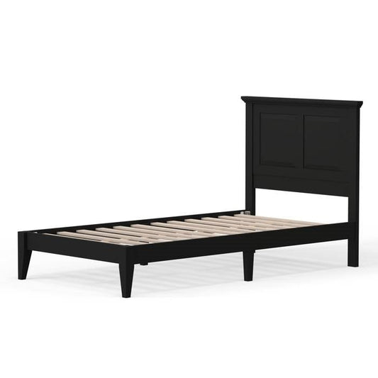Cama de plataforma individual tradicional de madera maciza de roble con cabecero en negro