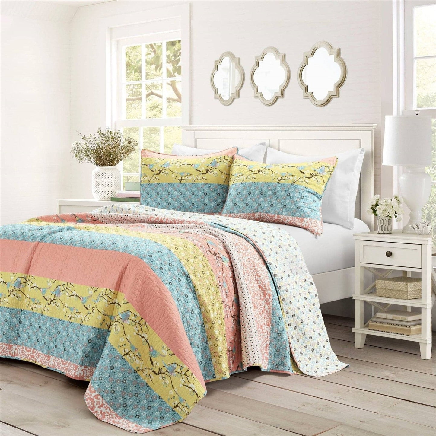 Juego de colcha reversible ligera con estampado floral bohemio, tamaño matrimonial/queen, en azul, amarillo, rosa y marfil