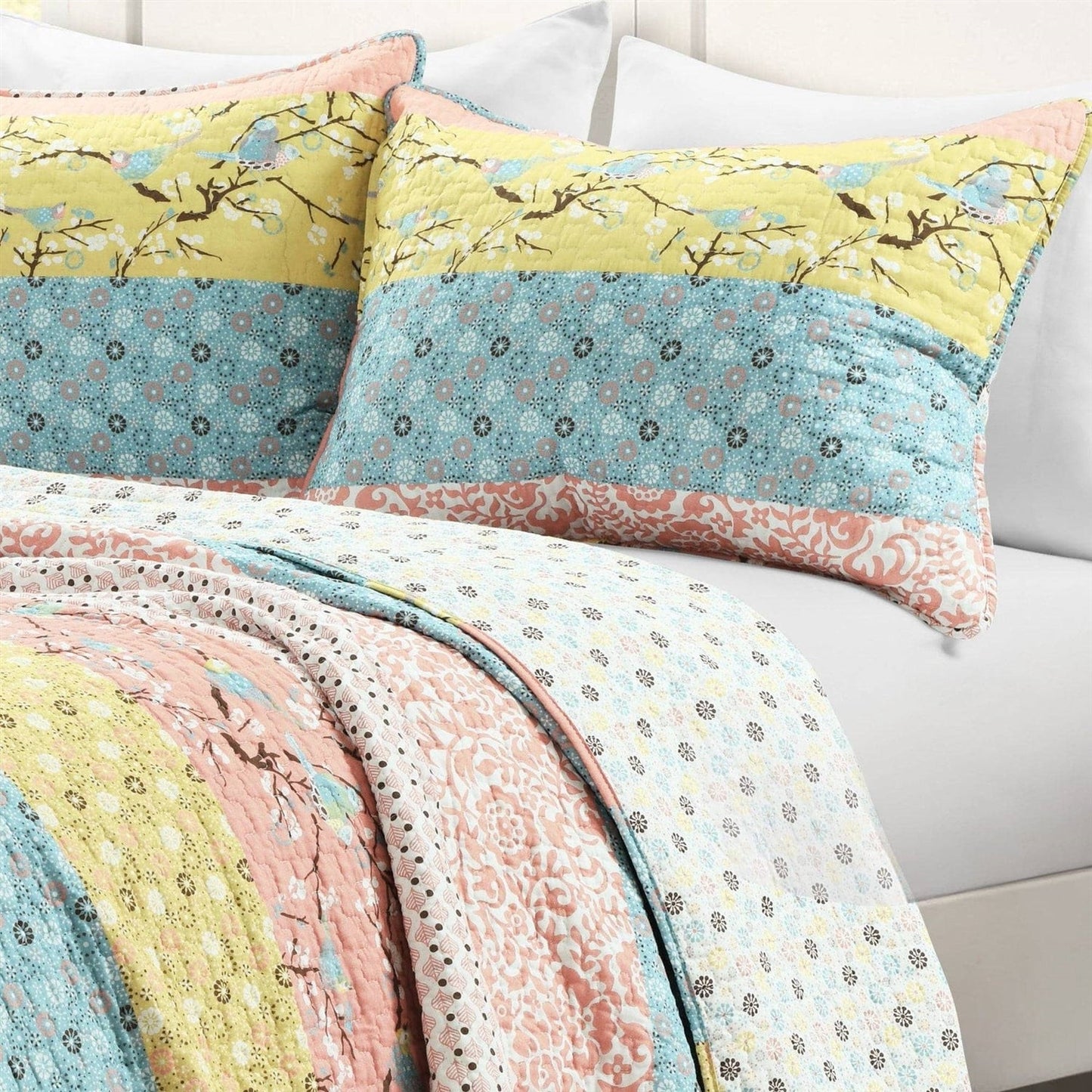 Juego de colcha reversible ligera con estampado floral bohemio, tamaño matrimonial/queen, en azul, amarillo, rosa y marfil