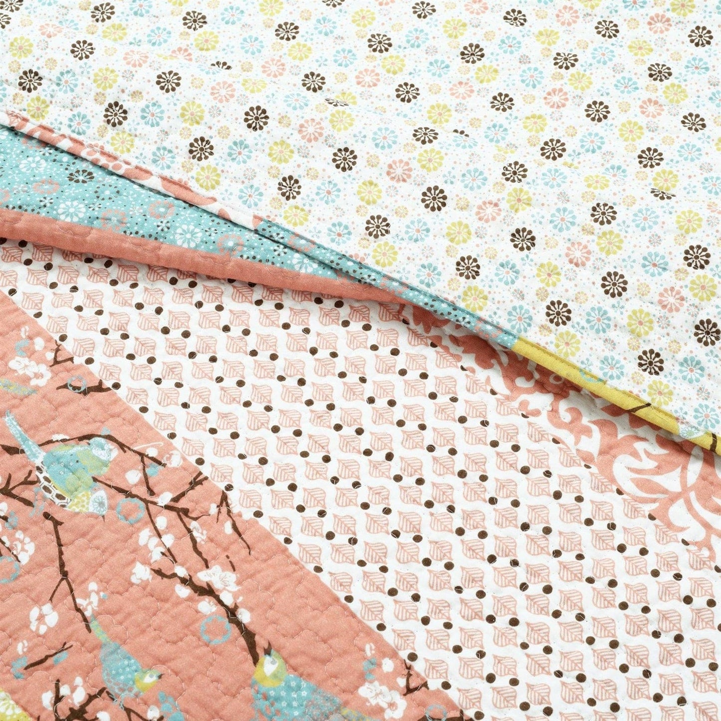 Juego de colcha reversible ligera con estampado floral bohemio, tamaño matrimonial/queen, en azul, amarillo, rosa y marfil