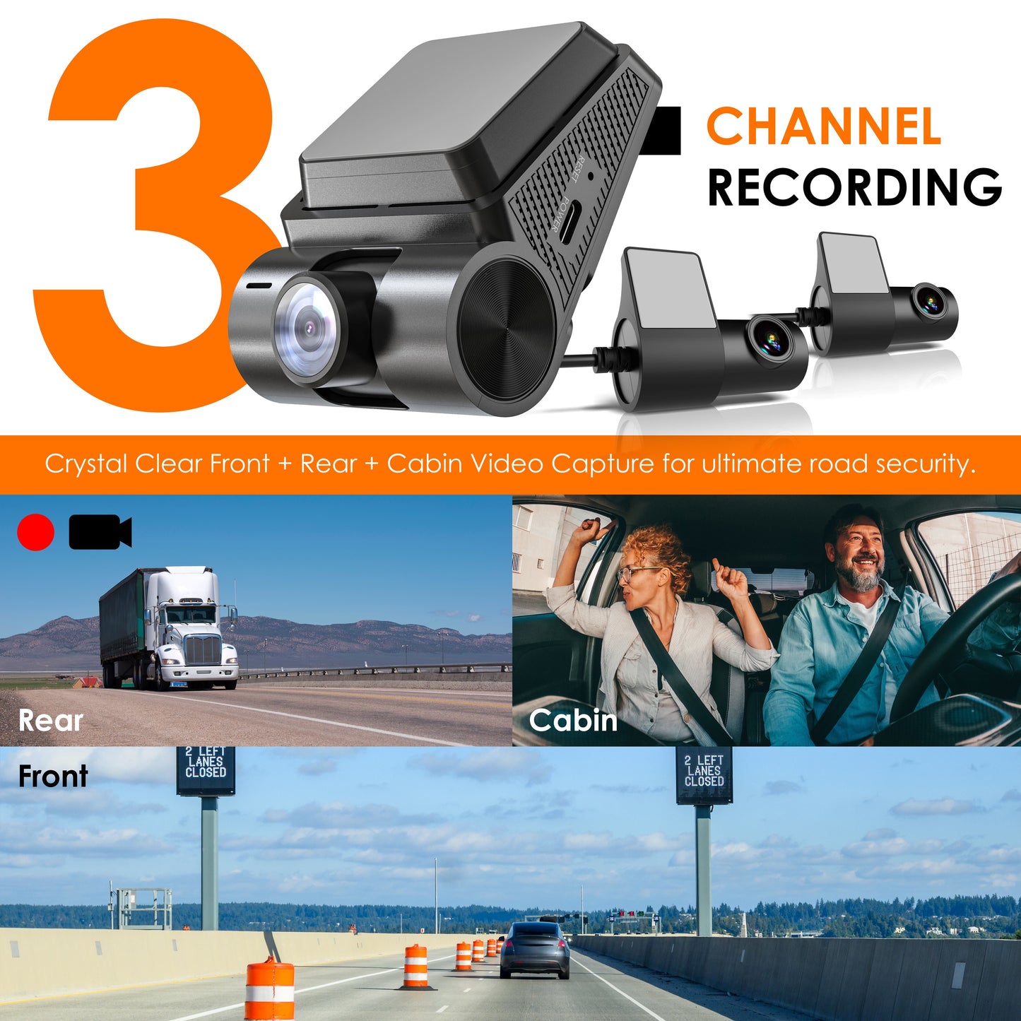 REXING RH2 Cámara de tablero de triple canal – Cámaras delanteras de 2.5K y traseras duales de 1080p con Wi-Fi y GPS opcional