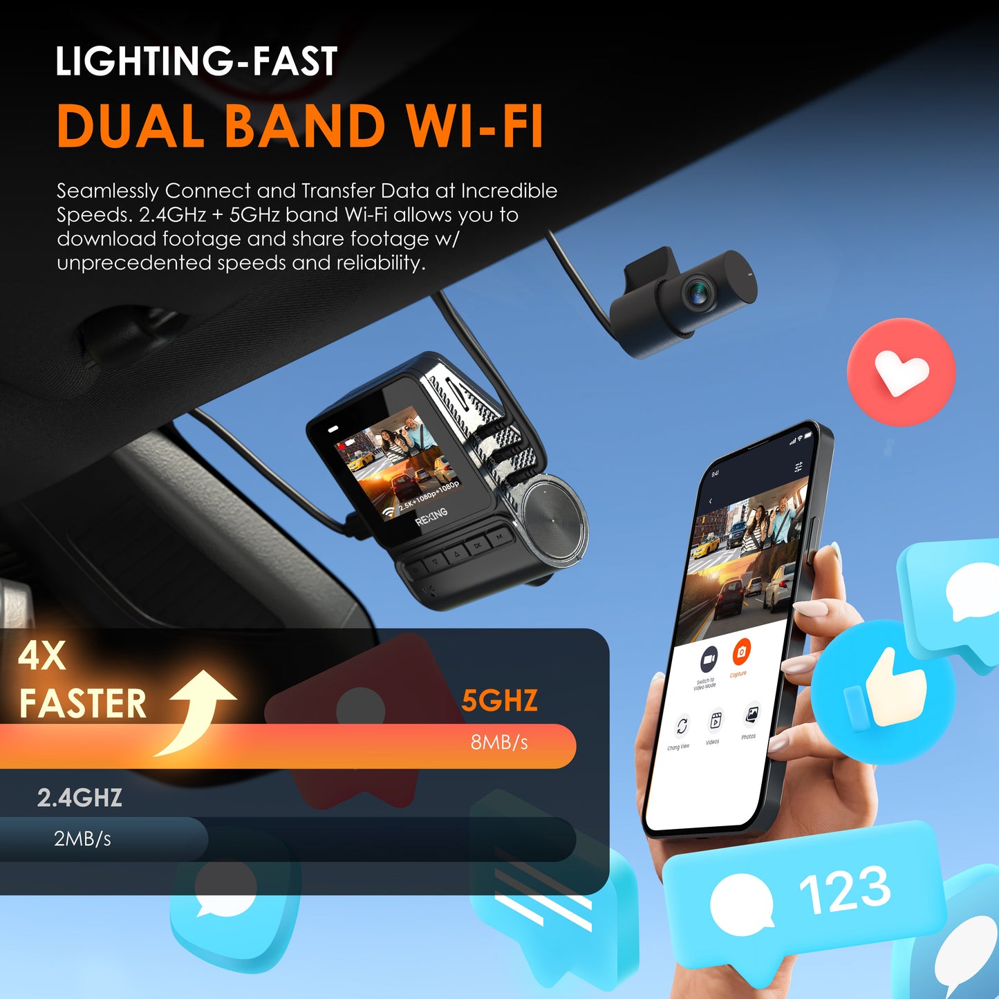 REXING RH2 Cámara de tablero de triple canal – Cámaras delanteras de 2.5K y traseras duales de 1080p con Wi-Fi y GPS opcional