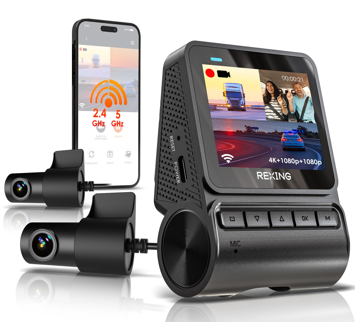 REXING RH2 Cámara de tablero de triple canal – Cámaras delanteras de 2.5K y traseras duales de 1080p con Wi-Fi y GPS opcional
