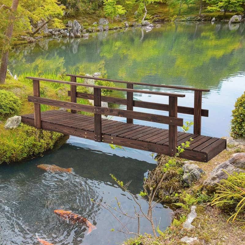 Puente de Jardín de Madera para Exteriores de 2,1 m con Barandales en Acabado de Madera Carbonizada