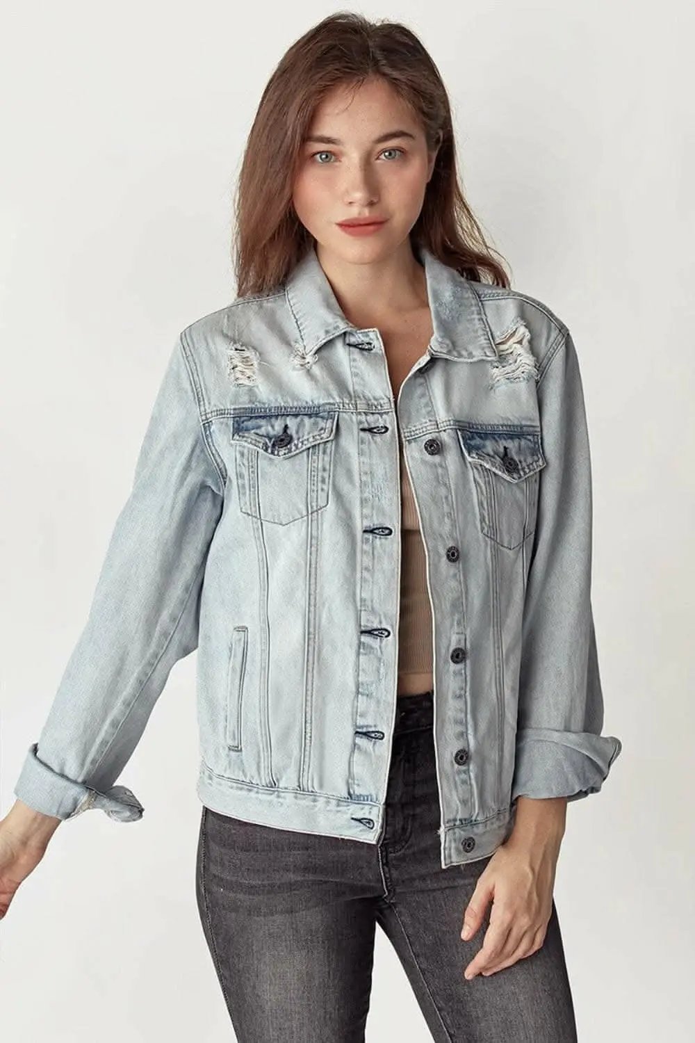 Pants Trendsi Jeans & Denim RISEN Distressed Button Up Jacket