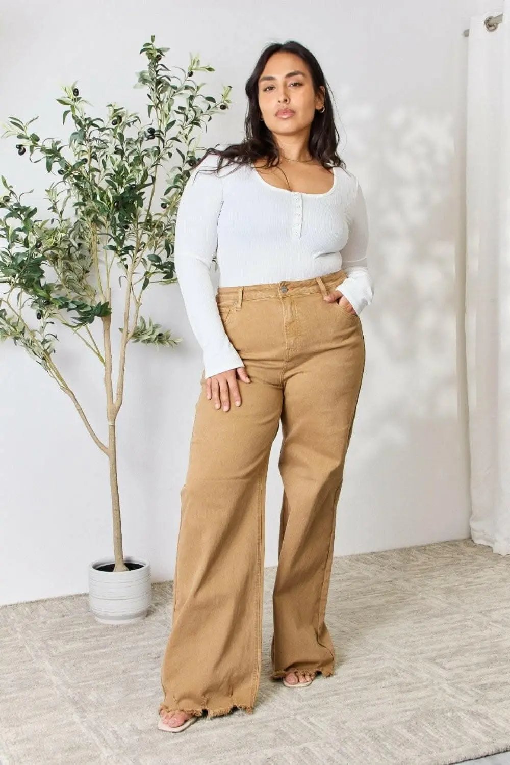 Women's Jeans Jeans - High-Waisted Wide Leg Fringe - Casual Flattering Fit