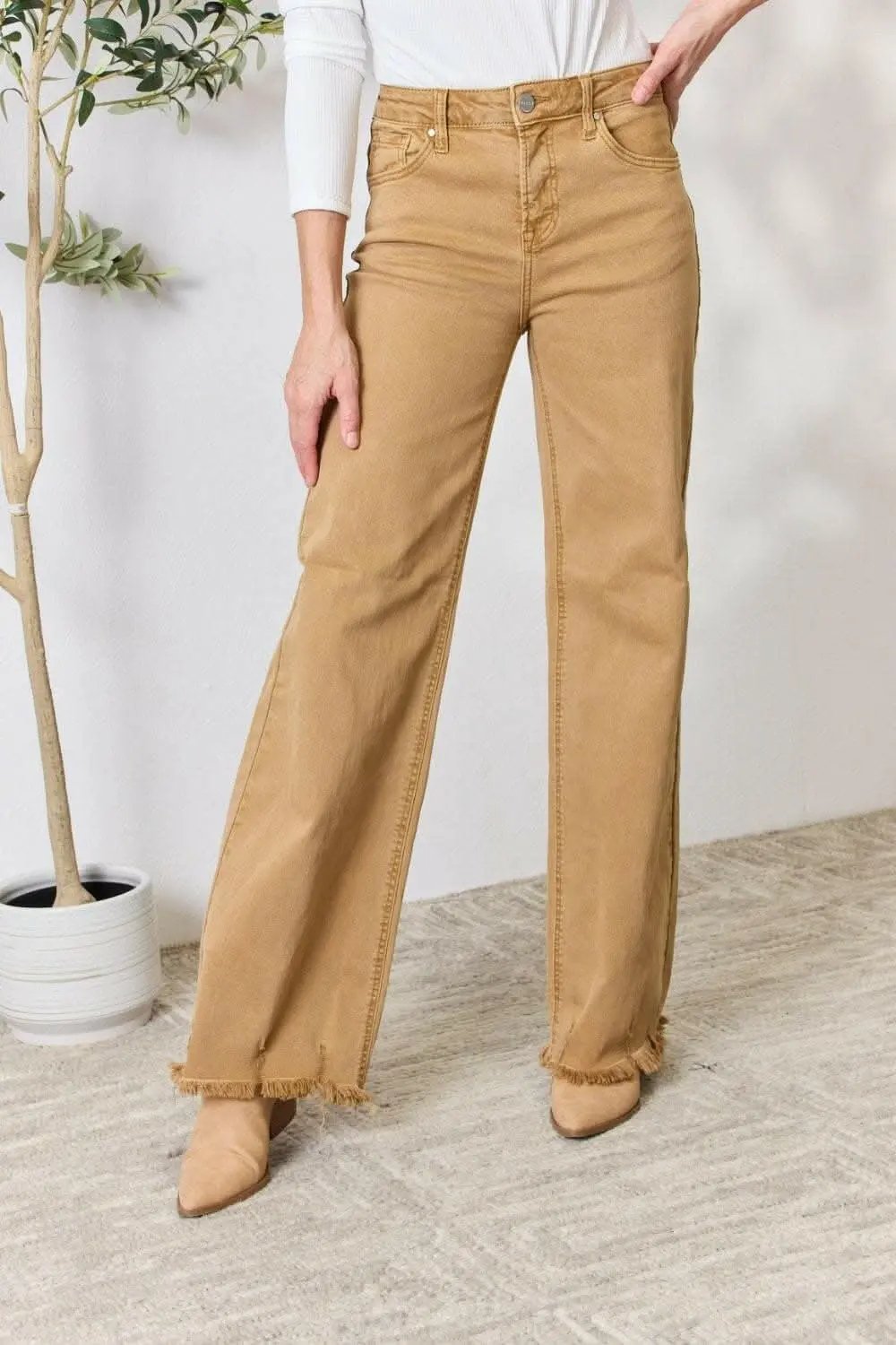 Women's Jeans Jeans - High-Waisted Wide Leg Fringe - Casual Flattering Fit