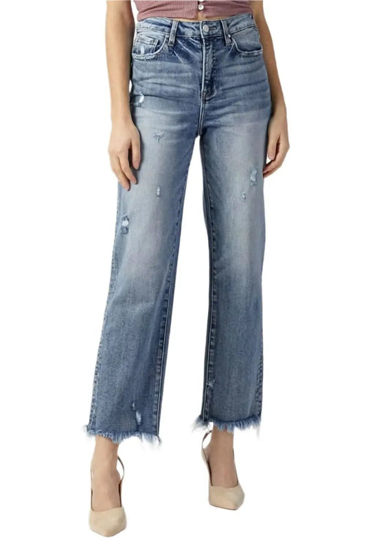 T-Shirts Trendsi High Waist Jeans Women's Casual Denim Straight Leg Raw Hem Jeans