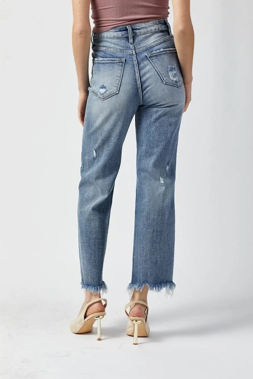 T-Shirts Trendsi High Waist Jeans Women's Casual Denim Straight Leg Raw Hem Jeans