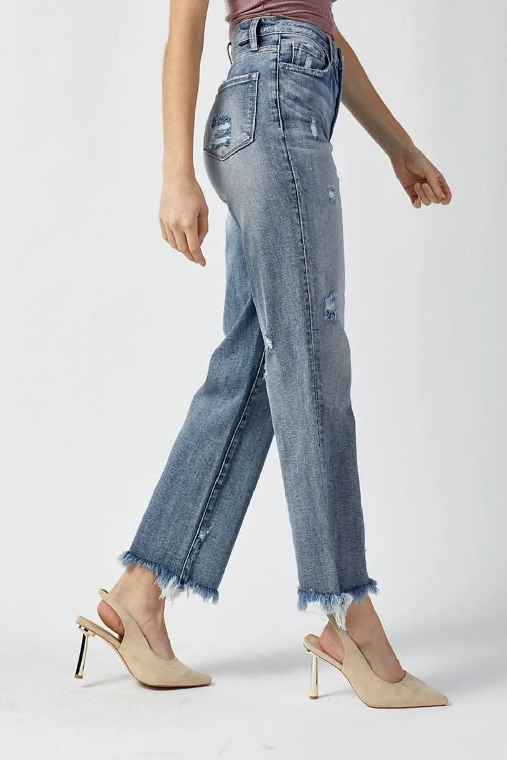 T-Shirts Trendsi High Waist Jeans Women's Casual Denim Straight Leg Raw Hem Jeans
