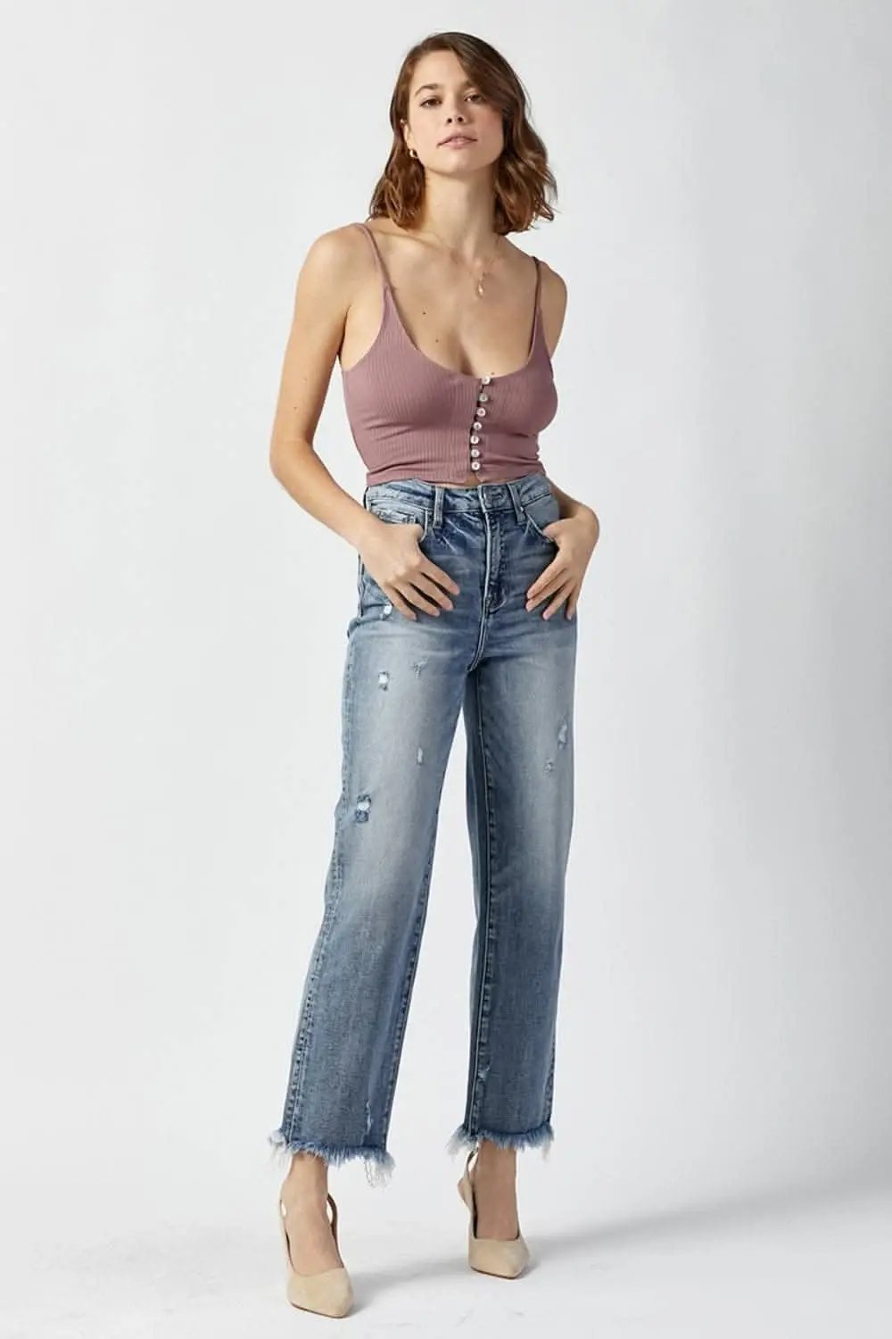 T-Shirts Trendsi High Waist Jeans Women's Casual Denim Straight Leg Raw Hem Jeans