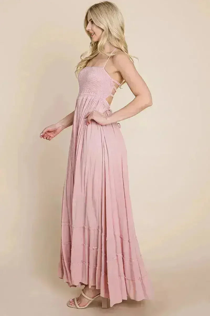 Smocked Flowy Boho Pleated Backless Maxi Dress