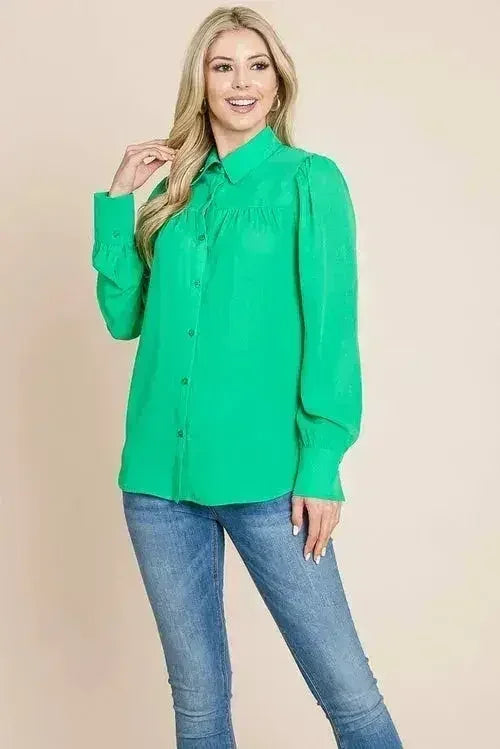 Collared Long Sleeve Pleated Detail Blouse Tops | Femstylo