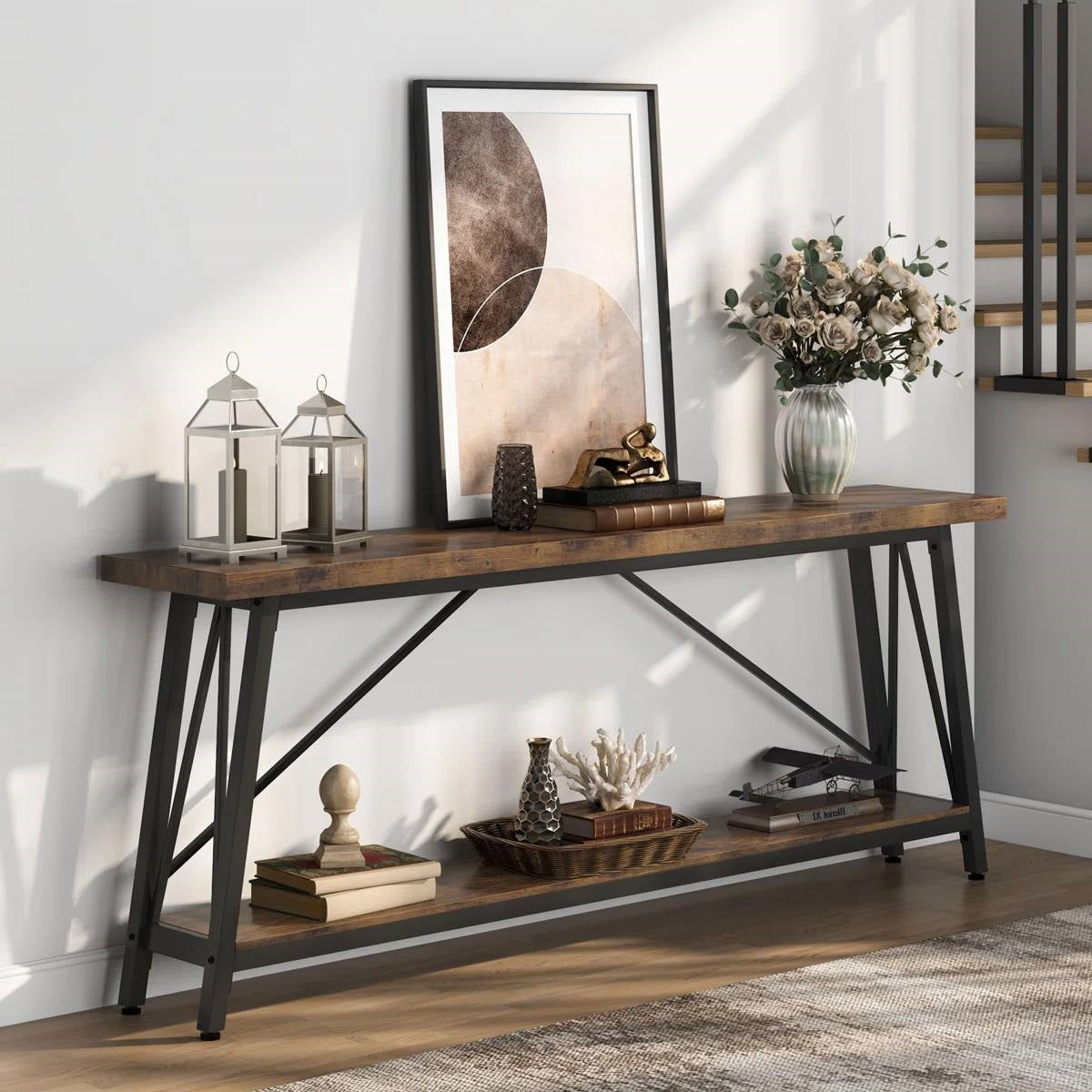 Robusta mesa consola industrial de madera marrón de 70 pulgadas con estructura de metal negro