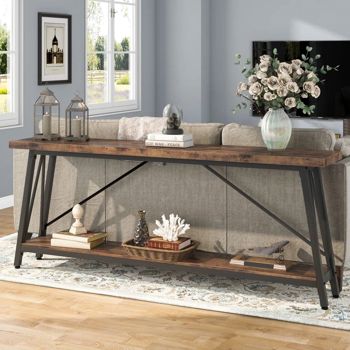 Robusta mesa consola industrial de madera marrón de 70 pulgadas con estructura de metal negro