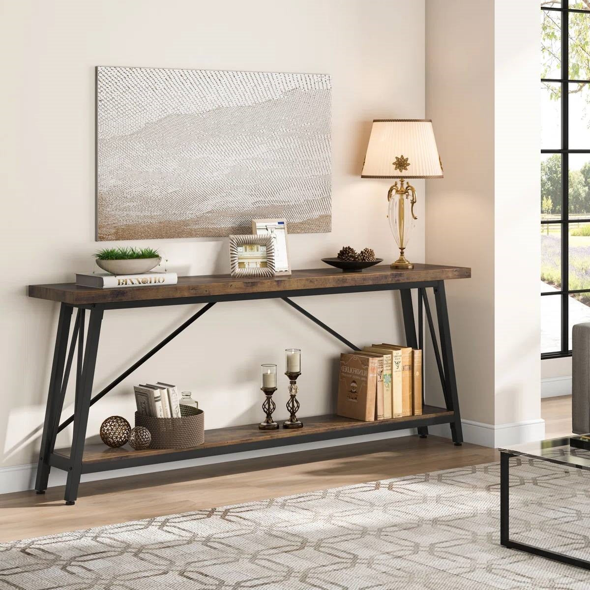 Robusta mesa consola industrial de madera marrón de 70 pulgadas con estructura de metal negro