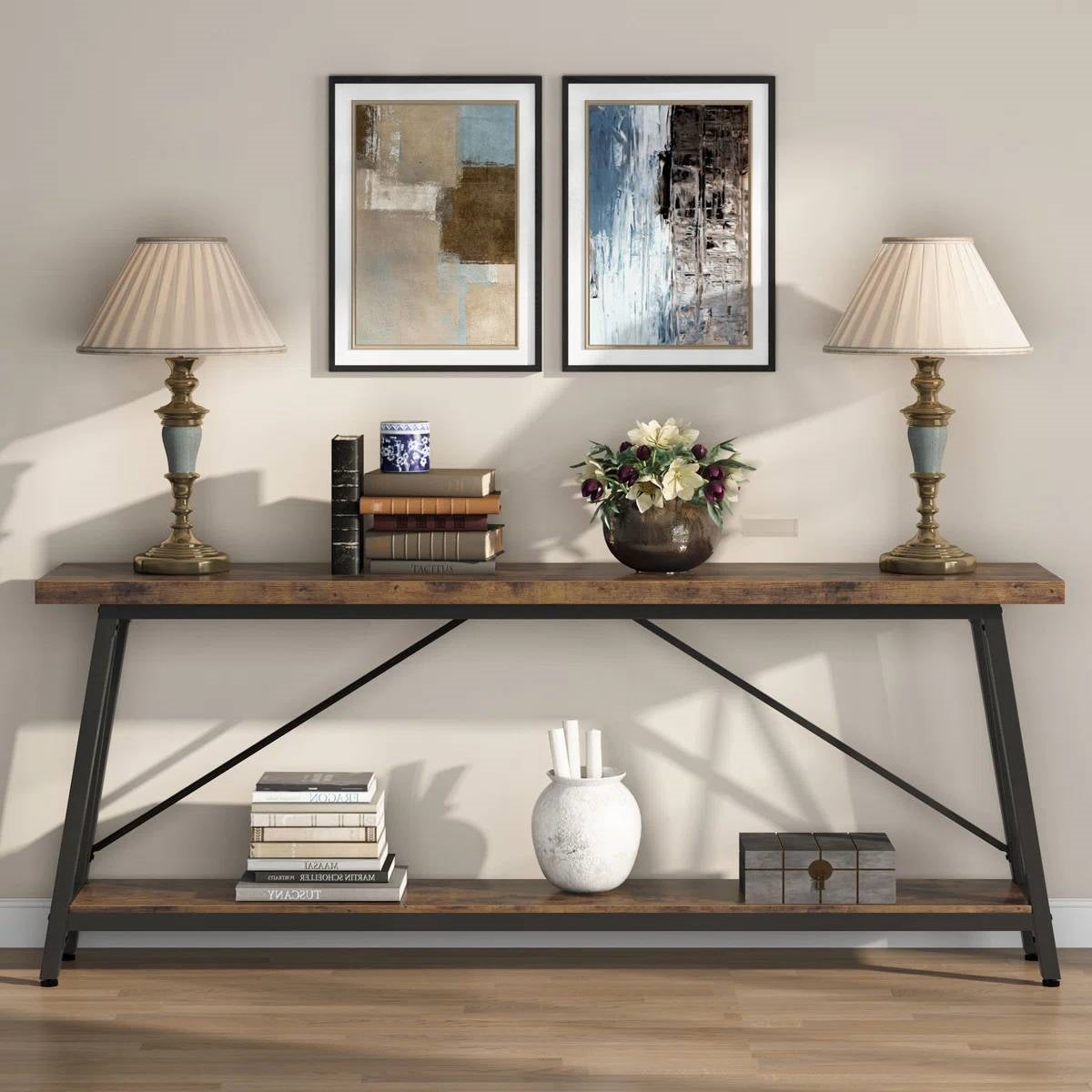 Robusta mesa consola industrial de madera marrón de 70 pulgadas con estructura de metal negro