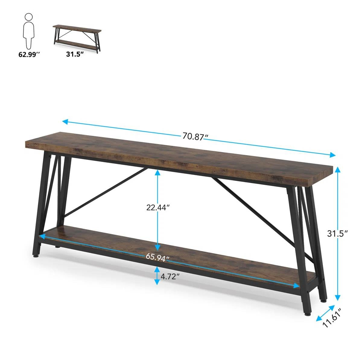 Robusta mesa consola industrial de madera marrón de 70 pulgadas con estructura de metal negro
