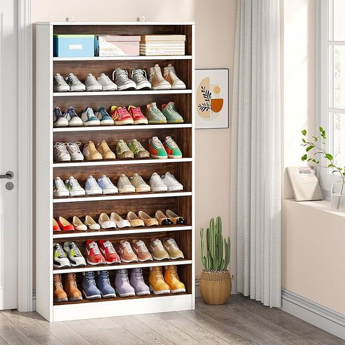 Armario de almacenamiento de zapatos de madera de 9 niveles blanco/marrón, con capacidad para hasta 45 pares