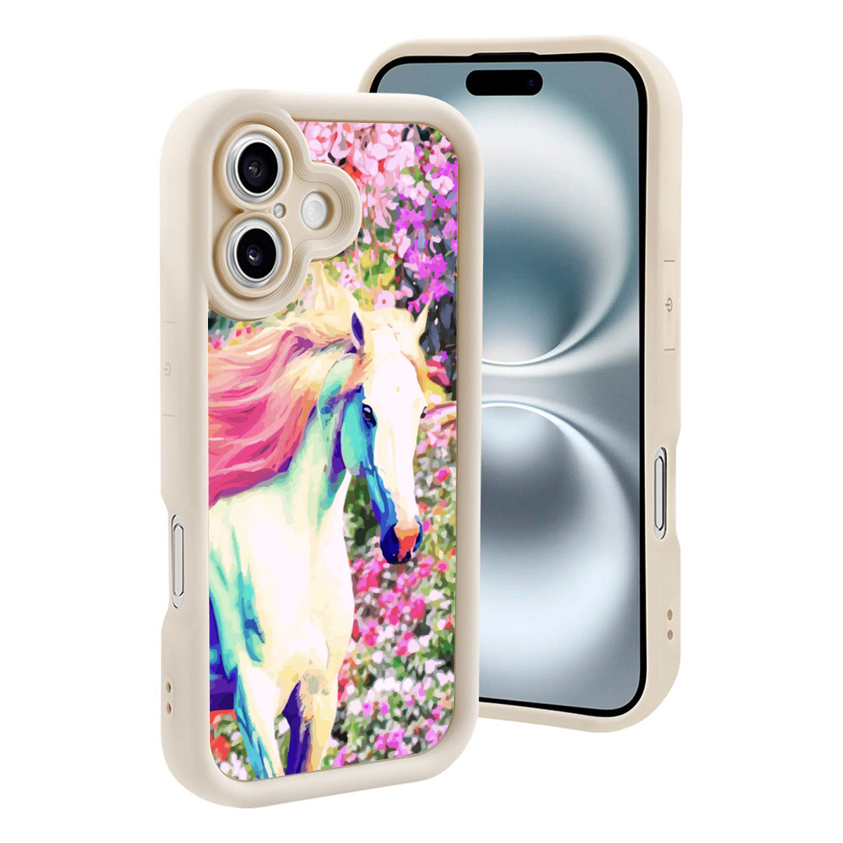 White Horse with Floral Background iPhone 16 Mobile Phone Case